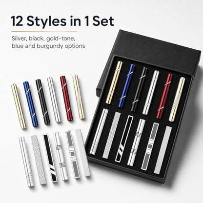 12Pcs Tie Clips for Men - Regular Ties Silver Black Gold Tie Bar Set for Wedding Business Formal Necktie Accessories