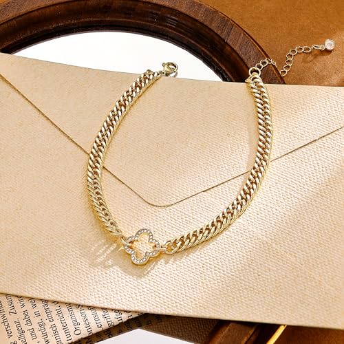 Moodear Gold Ankle Bracelets for Women Waterproof,14K Gold Plated Anklets | Waterproof, Non Tarnish Cuban Link Anklets, Trendy Jewelry Accessories for Summer Vacation, Beach Gifts for Women - style: Cuban CZ Four Clover