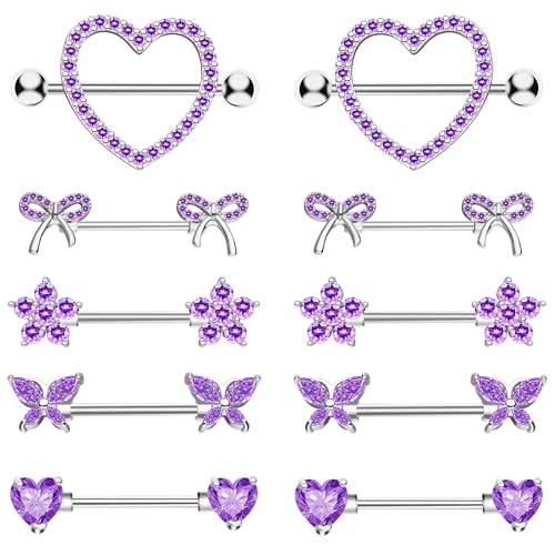 BSJ4U Nipple Piercing Jewelry 14G Stainless Steel Nipple Rings for Women Heart Butterfly Flower Bow Nipple Barbells - color: Purple CZ Nipple Piercing Jewelry