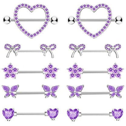 BSJ4U Nipple Piercing Jewelry 14G Stainless Steel Nipple Rings for Women Heart Butterfly Flower Bow Nipple Barbells - color: Purple CZ Nipple Piercing Jewelry