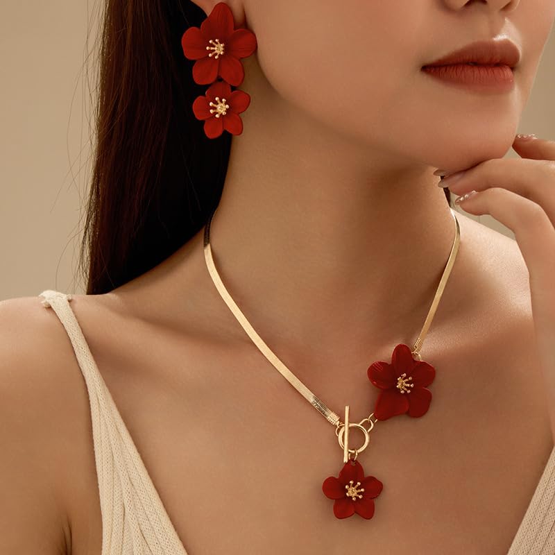 Colorful Flower Necklace Earrings Set for Women Gold Snake Chain Toggle Clasp Pendant Necklaces Dainty Double Flowers Statement Earrings Bridal Wedding Summer Beach Jewelry for Women - color: red