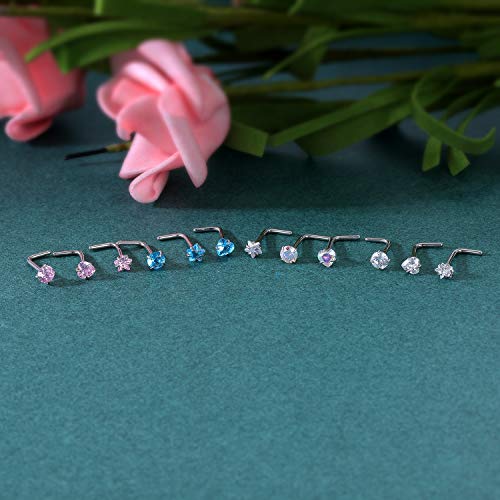 ZS 20G Nose Stud Rings Set, Stainless Steel CZ Nose Piercing Jewelry | Hypoallergenic Nose Bone Rings, L Shaped & Screw Nose Studs, 3mm CZ Stone Nostril Jewelry for Women Men - color: 9pcs Mixed style(White)