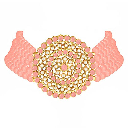Aheli Pearl Diamond Choker Necklace & Round Earrings Gift for Women Indian Traditional Bollywood Fashion Bharatanatyam jewellery set - color: Peach
