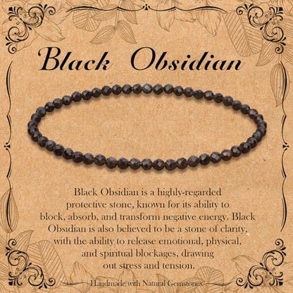BONNY BOXX Natural Genuine Gemstone Faceted Round Beads Bracelets, 3mm Adjustable Stretchy Tiny Faceted Black Tourmaline Bracelet, Healing Crystal Reiki Chakra Dainty Jewelry Fashion Gifts - color: Black Obsidian