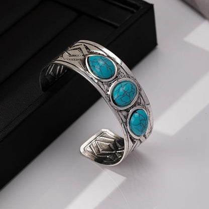 DATOA Bohemian Chunky Turquoise Bracelets Western Cowgirl Bangle Boho Cuff Bracelets for Women Silver Wide Bracelet for Holiday - color: Silver 03