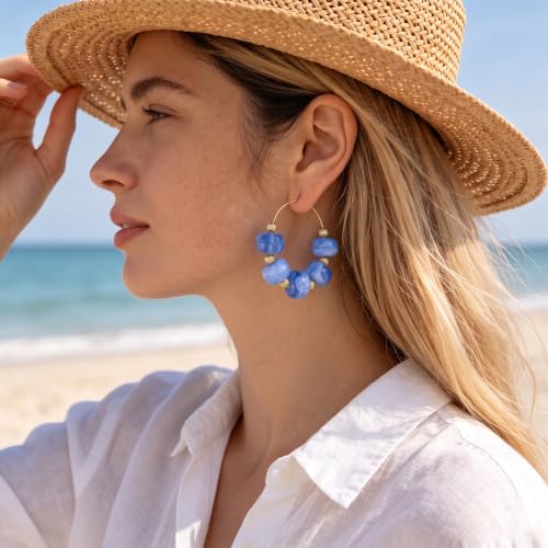 Colorful Beaded Earrings for Women Beaded Hoop Earrings | Chunky Acrylic Resin Boho Statement Drop Earrings Trendy Summer Beach Jewelry Accessories Gifts - color: Blue