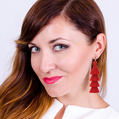 BaubleStar Bohemian Layered Tassel Drop Earrings for Women | Lightweight Statement Party Festival Jewelry - color: Red