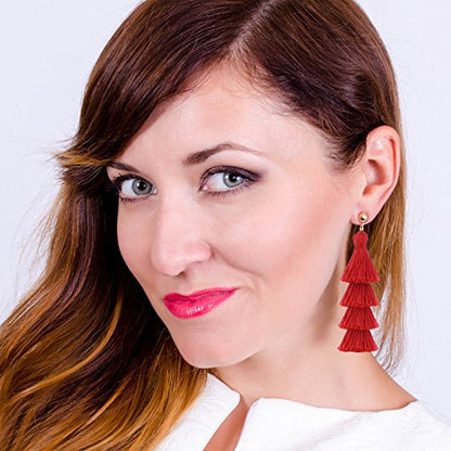 BaubleStar Bohemian Layered Tassel Drop Earrings for Women | Lightweight Statement Party Festival Jewelry - color: Red