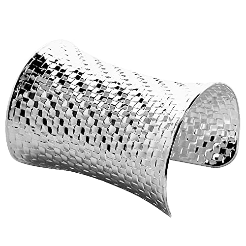 COLORFUL BLING Punk Alloy Hollow Geometric Smooth Polished Gold Hoop Open Cuff Wide Bracelet Bangle Wrist Jewelry for Women Lady - color: silver grid