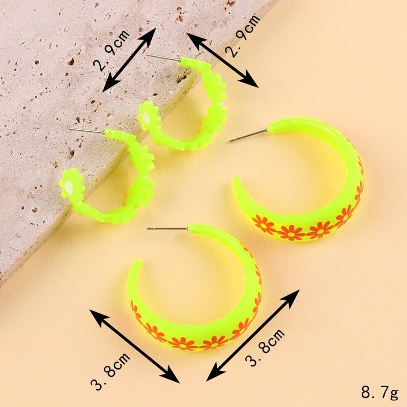 2Pairs Y2k Round Chunky Hoop Earrings Set Matte Acrylic Daisy Large Retro Neon Circle Earring 80s 90s Halloween Multicolor Loops for Women Summer Party Jewelry 80s Outfit Accessorie - color: Yellow