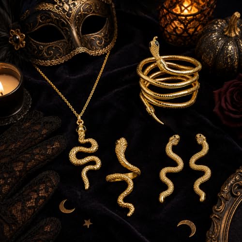 choice of all Snake Medusa Jewelry Gold Snake Necklace Earrings Bracelet Ring Set Gothic Punk Statement Jewelry Halloween Costume Accessories - color: gold