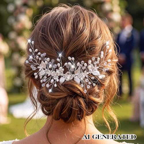 Flower Bride Wedding Hair Accessory Crystal Headpiece Hair Vine | Silver Leaf Bridal Hair Accessories Pearl Headpieces for Women - color: A-Silver