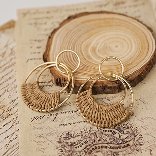 Raffia Hoop Earrings for Women Fun Boho Summer Beach Earrings Lightweight Handmade Straw Wicker Rattan Dangle Earrings Statement Geometric Round Drop Earrings - color: Brown - Round