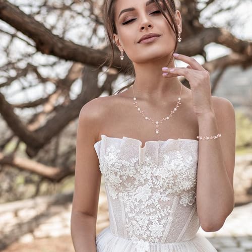 EVER FAITH Cubic Zirconia Pearl Leaf Bridal Jewelry Set for Bride Women | White Wedding Prom Necklace Dangle Earrings Bracelet, for Bridesmaid - color: Pearl_Rose Gold-Plated-Brass