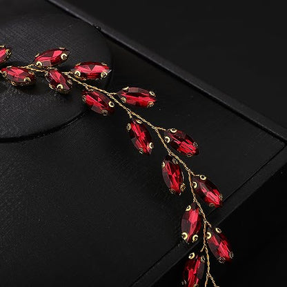 Teyglen Bride Wedding Crystal Hair Vine Full Red Crystal Headband - Bridal Hair Accessories Wedding Headpiece Handmade Rhinestone Hair Piece for Women Girls (Wine Red) - color: Wine Red
