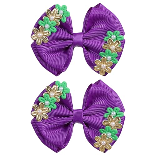Girls Mardi Gras Hair Bow Gift 2pcs 4" Purple Gold Green Pearl Floral Ribbon Cheer Bow Clip for Women Kids Fat Tuesday Circus Carnival Costume Party Dress Decor Accessories - color: Mardi Gras-A