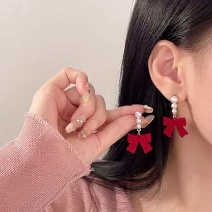 Pearl Bow Earrings for Women Coquette Aesthetic Jewelry Rhinestone Bow Earrings for Bridesmaids Wedding Party Accessories Bridal Costume Accents Bowknot Themed Gifts - color: J1: Red Bow Pearl Earrings