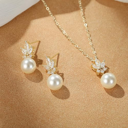 EleQueen Women's Simulated Pearl Wedding Jewelry Set for Brides | Cubic Zirconia Necklace Earrings Bracelet Set for Brides Bridesmaids, Bridal Jewelry Set for Anniversary/Memorial Day - style: Goldr-Plated-Brass Pearl Earrings Set