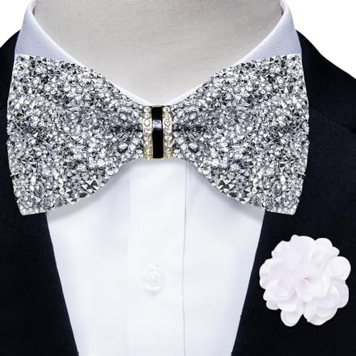 DiBanGu Mens Rhinestone Bow Tie with Ring and Lapel Pin Set | Adjustable Strap,Pre-tied Style,3PCS,Sequin Diamond Bowties，Solid/Mix Color,Shiny Accessory,for Party Prom Banquet Wedding - color: Silver