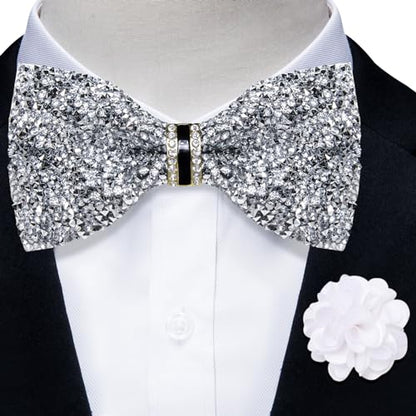 DiBanGu Mens Rhinestone Bow Tie with Ring and Lapel Pin Set | Adjustable Strap,Pre-tied Style,3PCS,Sequin Diamond Bowties，Solid/Mix Color,Shiny Accessory,for Party Prom Banquet Wedding - color: Silver