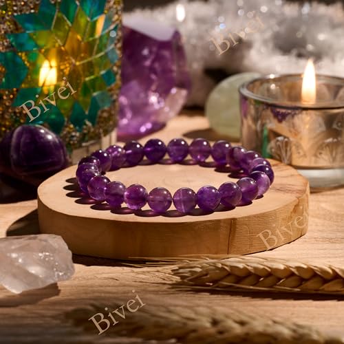 Bivei 8mm Beaded Bracelets for Women Handmade Semi Precious Natural Stone Stretch Elastic Jewelry Yoga Protection Gifts - color: Amethyst - Tranquility, size: Small 6.5-6.7 inch