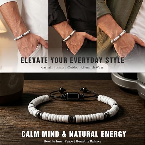 Natural Stone Beaded Bracelet for Men Women Boho Adjustable - color: Howlite