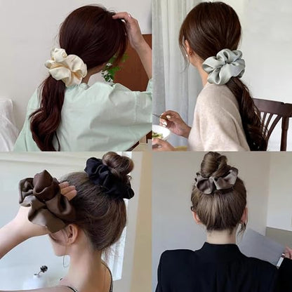Big Satin Scrunchies for Women, 5.2 Inches Large Scrunchie, Silk Elastic Ponytail Holders for Girls, Jumbo Hair Ties for Thick/Curly Hair, Soft Scrunchy No Crease No Pilling, 4 Pack - color: Black+Brown