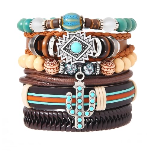 Western Outfits for Women Turquoise Western Bracelets Bohemian Vintage Stackable Beaded Leather Bracelets Adjustable Hand-woven Layered Bracelet Western Country Concert Jewelry for Women - style: Turquoise Cactus