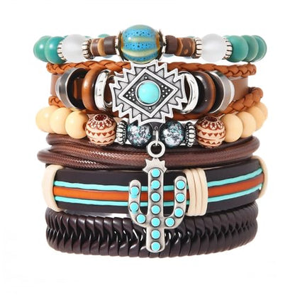 Western Outfits for Women Turquoise Western Bracelets Bohemian Vintage Stackable Beaded Leather Bracelets Adjustable Hand-woven Layered Bracelet Western Country Concert Jewelry for Women - style: Turquoise Cactus
