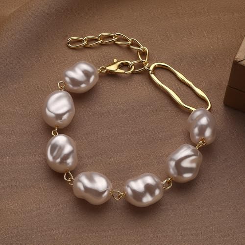 Baroque Pearl Bracelet for Women Elegant Gold Plated Irregular Chunky Pearls Bracelets Summer Starfish Seashell Conch Cuff Bracelets Jewelry for Vacation - color: gold white