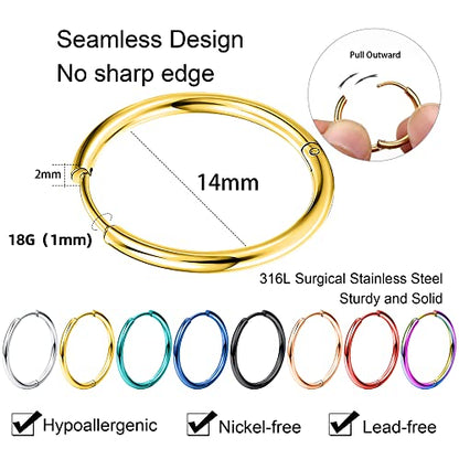 Jstyle 18G 20G Small Hoop Earrings for Men Women Huggie Hoops 8 Pairs | Hypoallergenic Surgical Stainless Steel, Multicolor Cartilage Helix Lobes Sleeper Hoop Earrings Set 8mm/10mm/12mm/14mm - style: Inner Diameter 14mm (18G)