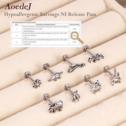 AOEDEJ 16G Internally Threaded Labret Surgical Steel 8PCS Animal Flat Back Hypoallergenic Cartilage Helix Tragus Conch Helix Studs Earrings for Women Men - color: Silver, size: 1.2*8mm