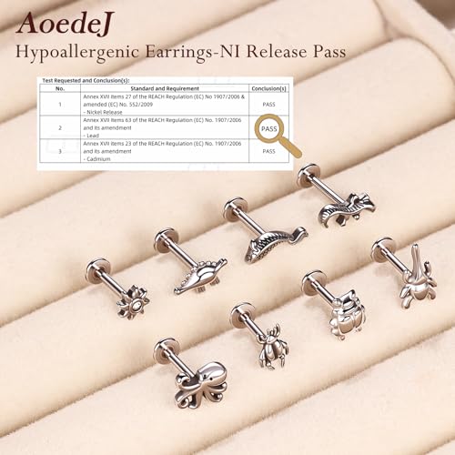 AOEDEJ 16G Internally Threaded Labret Surgical Steel 8PCS Animal Flat Back Hypoallergenic Cartilage Helix Tragus Conch Helix Studs Earrings for Women Men - color: Silver, size: 1.2*6mm