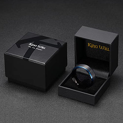 King Will Mens Brushed Wedding Band, Two Tone Matte Step Edges/Pipe Cut, Tungsten Carbide Anniversary Promise Rings Comfort Fit - color: Black&Blue Edge-8mm