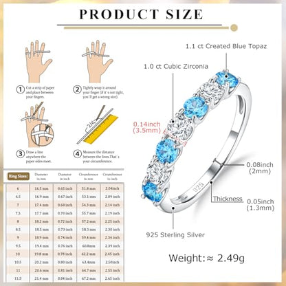 Birthstone Wedding Band Eternity Rings 925 Sterling Silver Rings Stackable Anniversary Engagement Rings Cubic Zirconia Inlaid Created Garnet/Amethyst/Sapphire Ring 7 Stone Ring, Size 6 to 10 - color: Blue Topaz & 5A CZ