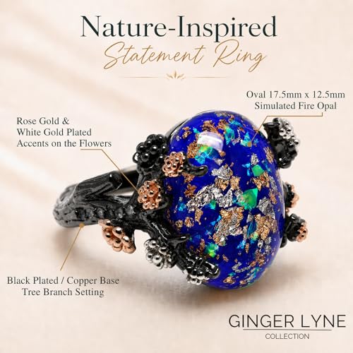 Henrietta Gothic Opal Ring for Women, Fantasy Promise Ring by Ginger Lyne | Simulated White Fire Opal, Cubic Zirconia Black Rose Gold Plated Bold Jewelry Statement Piece For Engagements, Gifts & Events - color: Blue