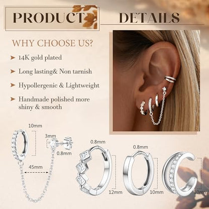 4 Pairs Small Hoop Earrings for Women 14K Gold Plated | Trendy Chain Drop Earrings Set, Hypoallergenic CZ Huggie Hoops, Lightweight Cartilage Earring Stacks - color: Silver Plated-hoop&cuff