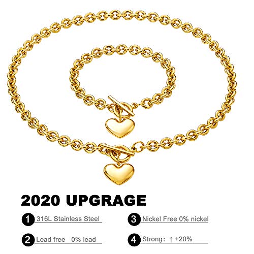 Heart Chain Necklace + Heart Bracelet for Women Girls Hearts Pendant Toggle Charm Jewelry Set Stainless Steel 18K Gold/Rose Gold Silver - color: Gold