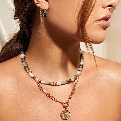 KissYan Beaded Gemstone Necklaces for Women | Colorful Bead Natural Stone Choker with 14K Gold Plated Spring Ring Clasp, Handmade Knot Jewelry for Summer Beach - color: D-Green Aventurine