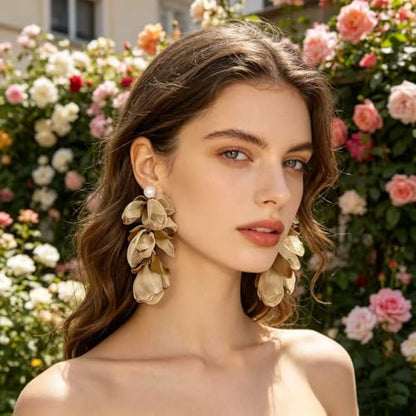 Handmade Bohemian Lightweight Fabric Flower Dangle Drop Earrings Chic Pearl Large Tassel Petal Stud Earrings For Women - color: khaki