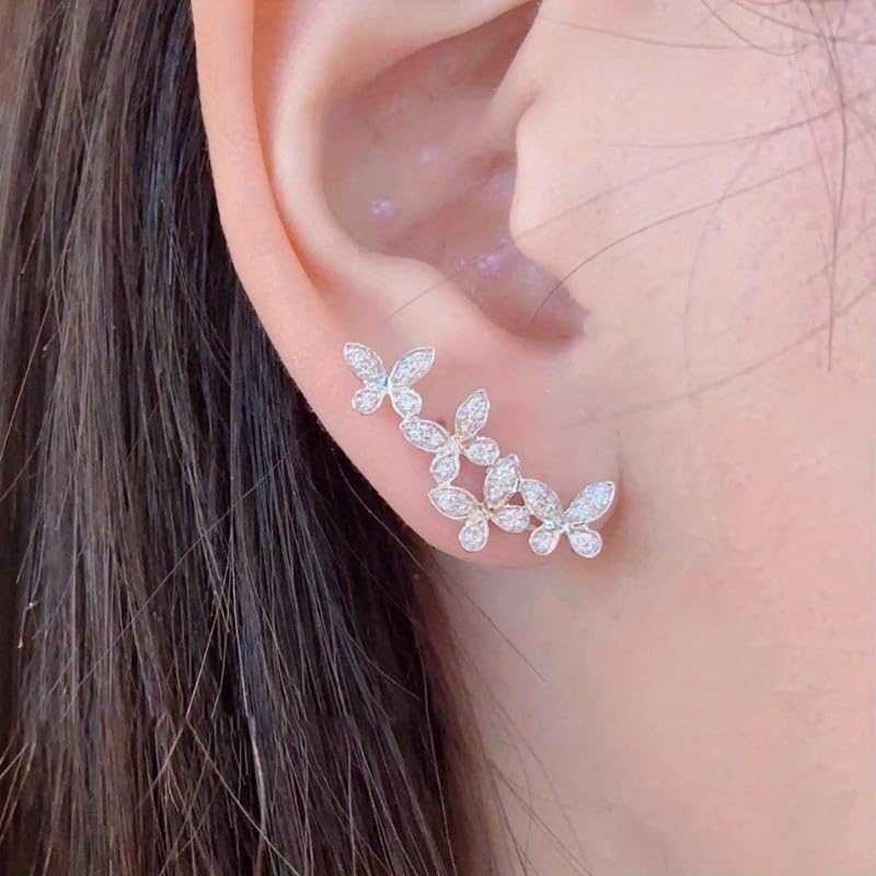 Exquisite Zirconia 4 Butterfly Studs for Women Daily Wedding Party Elegant Climber Earrings Jewelry - color: silver