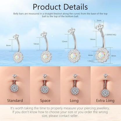 G23 Titanium Belly Button Ring 14G Golden Silvery Belly Ring for Women, Halo Internally Threaded Flower Opal Piercing Jewelry 8/10/12/14mm Barbell with Cubic Zirconia - color: 1pcs-Golden (10MM)-opal inlay CZ