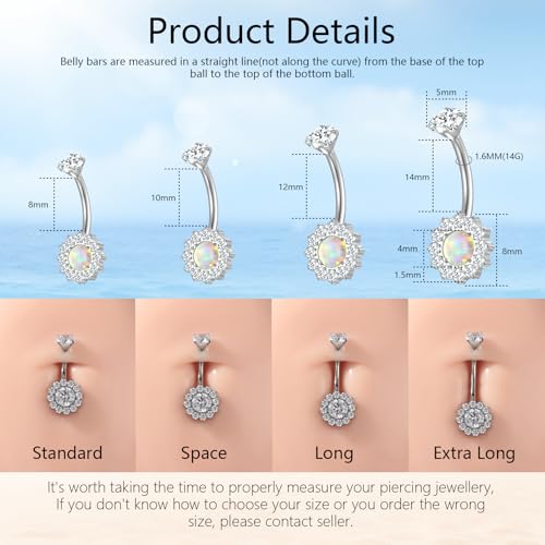 G23 Titanium Belly Button Ring 14G Golden Silvery Belly Ring for Women, Halo Internally Threaded Flower Opal Piercing Jewelry 8/10/12/14mm Barbell with Cubic Zirconia - color: 1pcs-Golden (8MM)-opal inlay CZ