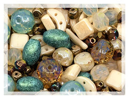 2.1oz (60 g) Mix of Unique Czech Bohemia Glass Pressed Beads, Matte and Glossy, Hand Made, Beige Blue Luster - color: Beige Blue Luster