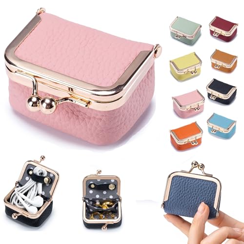 Genuine Leather Mini Jewelry Box & Coin Purse for Women, Travel Jewelry Case with Kiss Lock, Holds Earrings, Rings, Necklace, Bracelet, Coins (Pink) - color: Pink