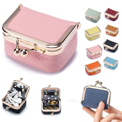 Genuine Leather Mini Jewelry Box & Coin Purse for Women, Travel Jewelry Case with Kiss Lock, Holds Earrings, Rings, Necklace, Bracelet, Coins (Pink) - color: Pink