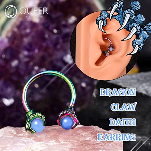 OUFER 316L Surgical Steel Circular Earrings Two White Opals Surrounded by Dragon Claws Cartilage Earing Ear Body Piercing Jewelry Helix Earrings Piercing… - color: Rainbow Opalite