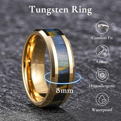 King Will Tungsten Wedding Band Wood Inlay for Men Black Beveled Edge | Black, 8mm, Beveled Edge, Comfort Fit, Wood inlay, Promise Gift - color: Colorful Wood Chips-Gold