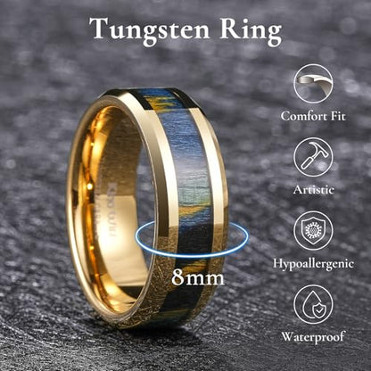 King Will Tungsten Wedding Band Wood Inlay for Men Black Beveled Edge | Black, 8mm, Beveled Edge, Comfort Fit, Wood inlay, Promise Gift - color: Colorful Wood Chips-Gold