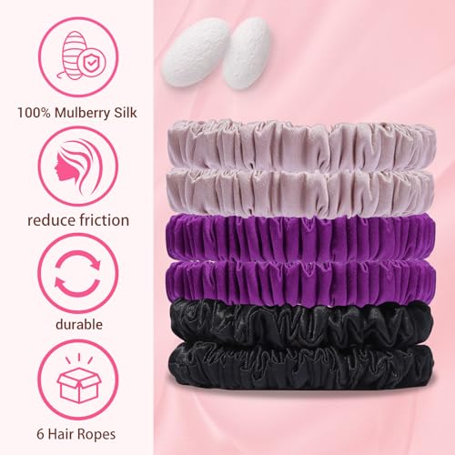 6PCS Silk Hair Ties & Scrunchies: Versatile for Curly, Thick or Thin Hair - Women's Black, Cute Satin Sleepy Scrunchies in Bulk - color: Small Silk Hair ties Style 3